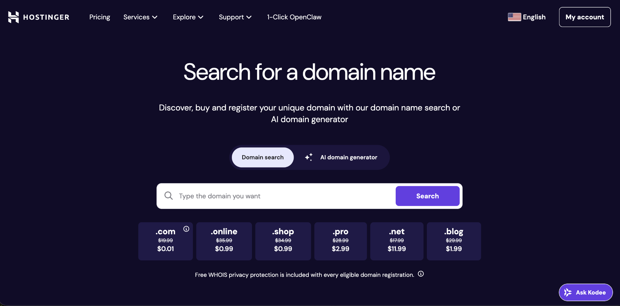 Hostinger domain name search tool page