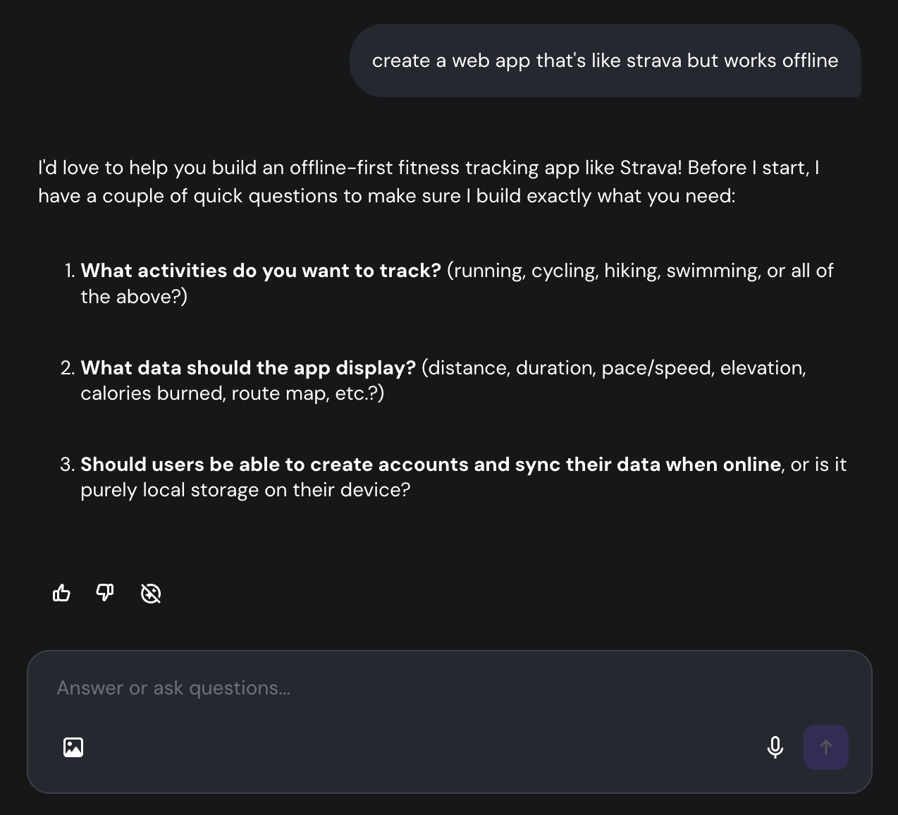 Hostinger Horizons chat panel showing collaborative questions