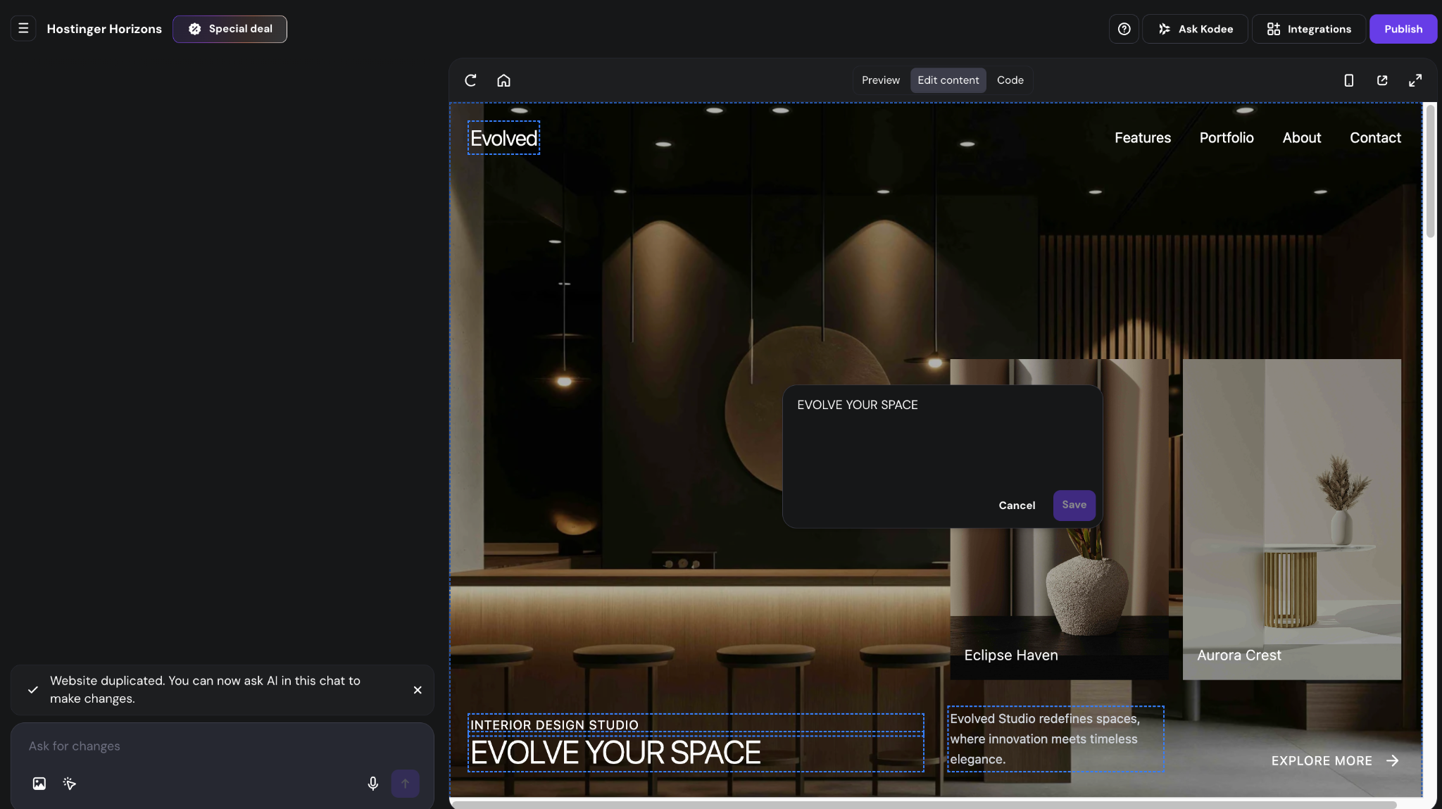 Hostinger Horizons' visual edits interface