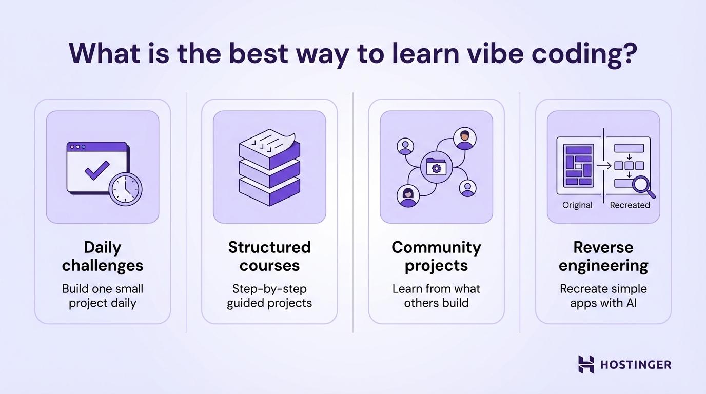 What is the best way to learn vibe coding: daily challenges, courses, community projects, and reverse engineering