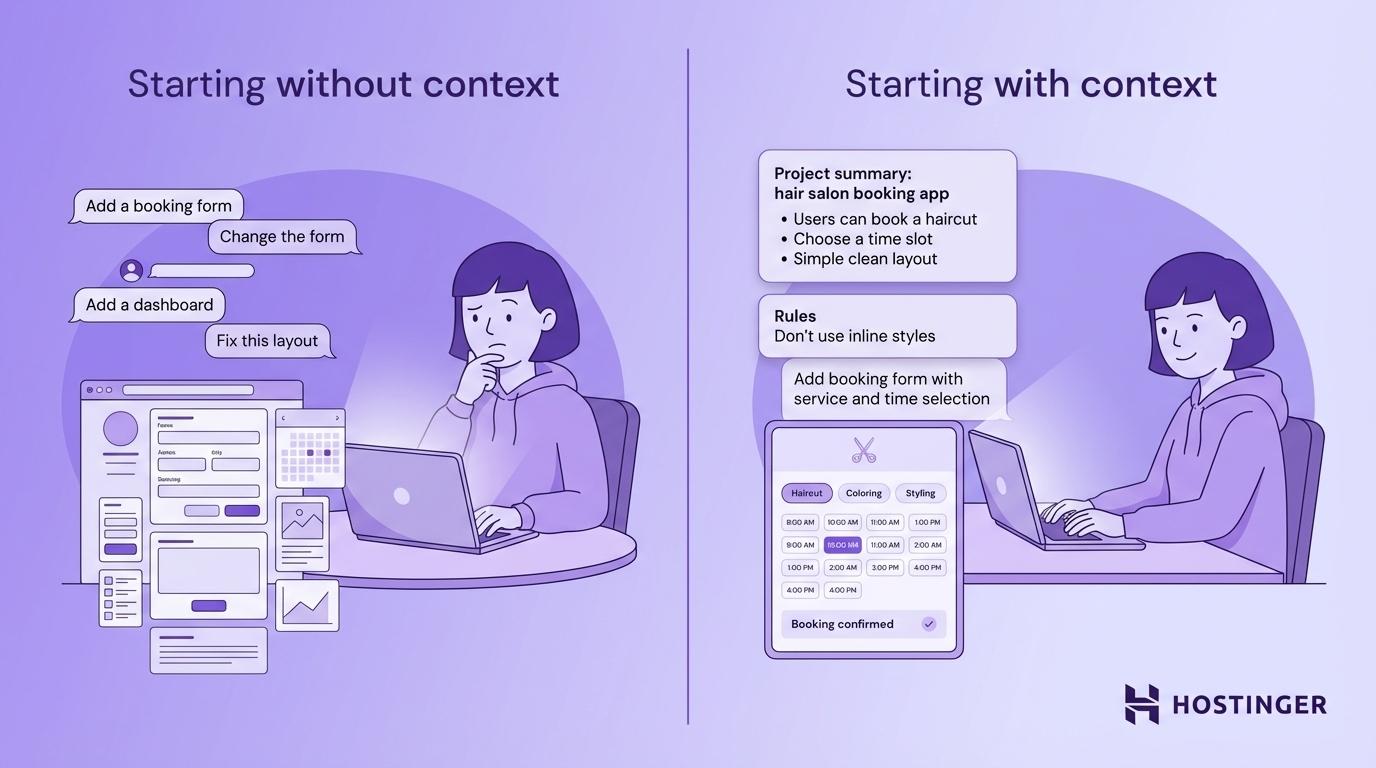 Vibe coding best practices: Keep context consistent across prompts - comparison illustration of starting prompts with vs. without context