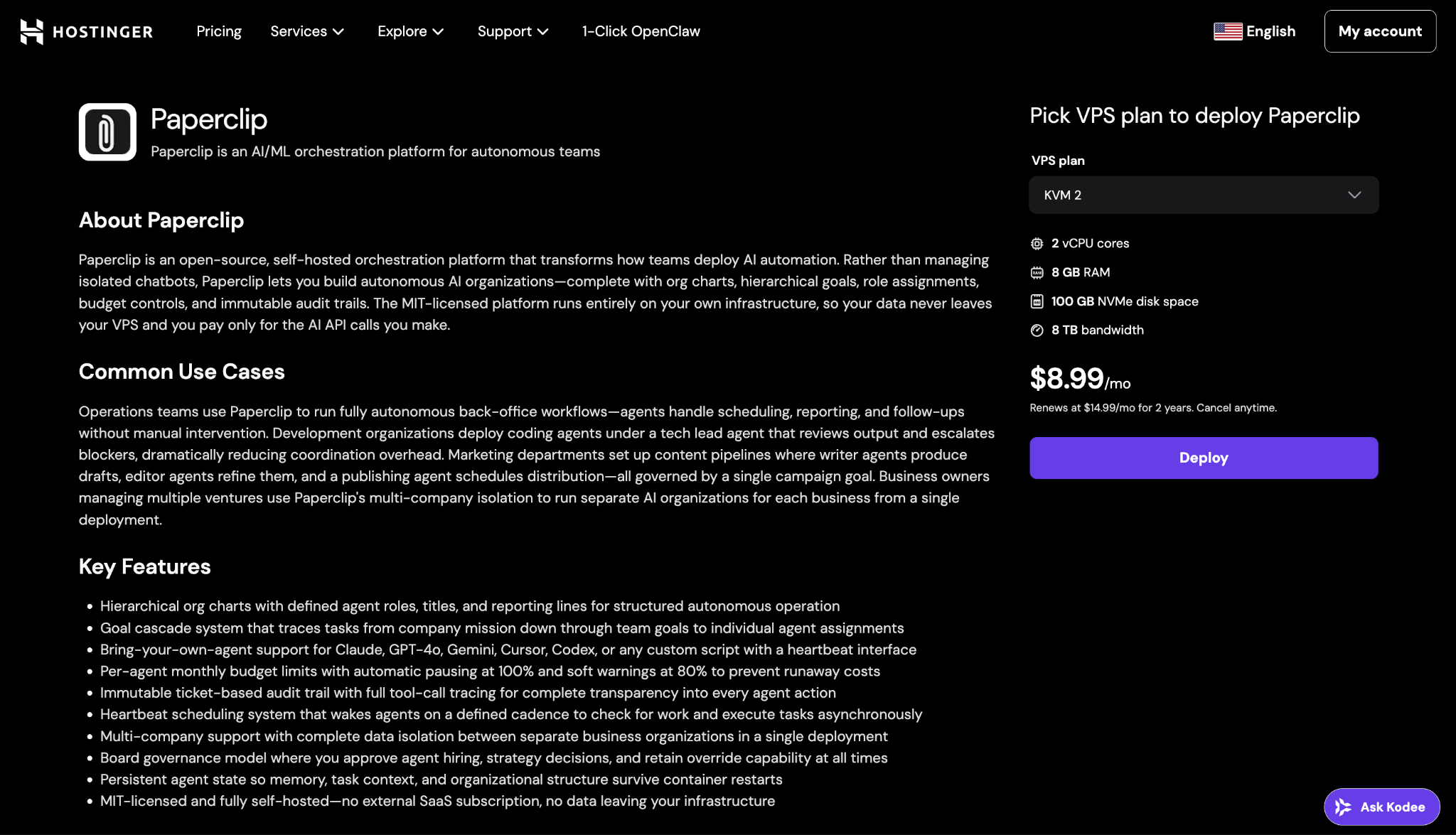 Hostinger's Paperclip hosting landing page