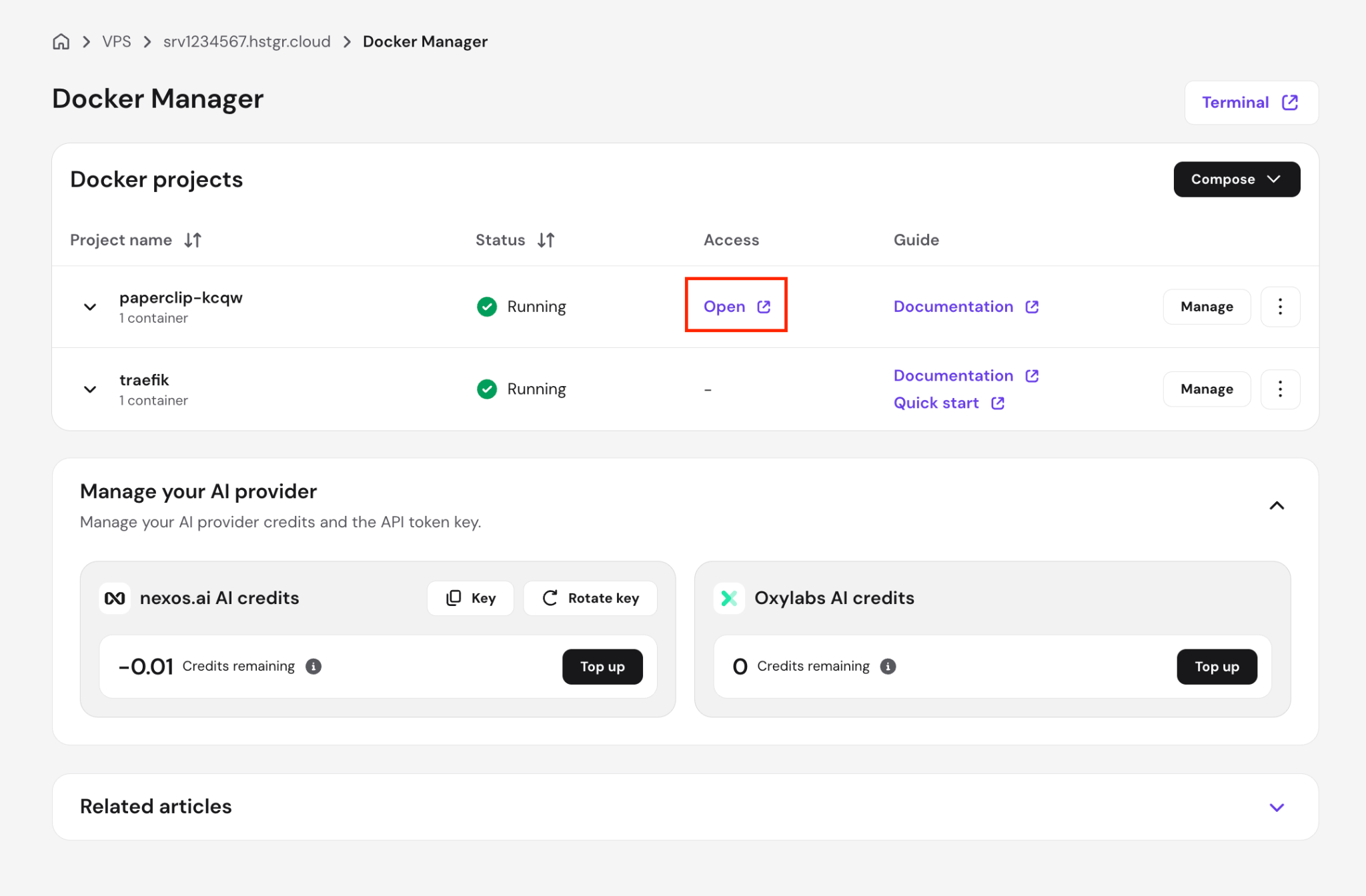 The Open button to access Paperclip dashboard from Hostinger VPS