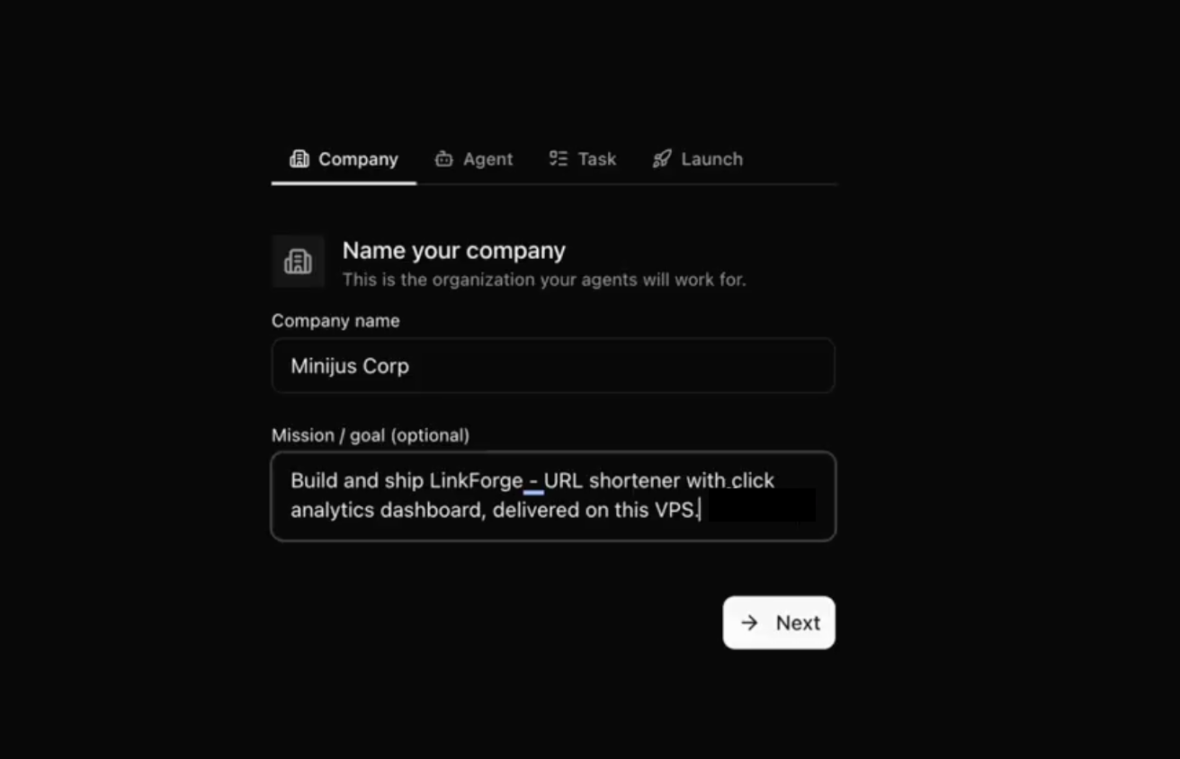 First page of setting up AI organization on Paperclip