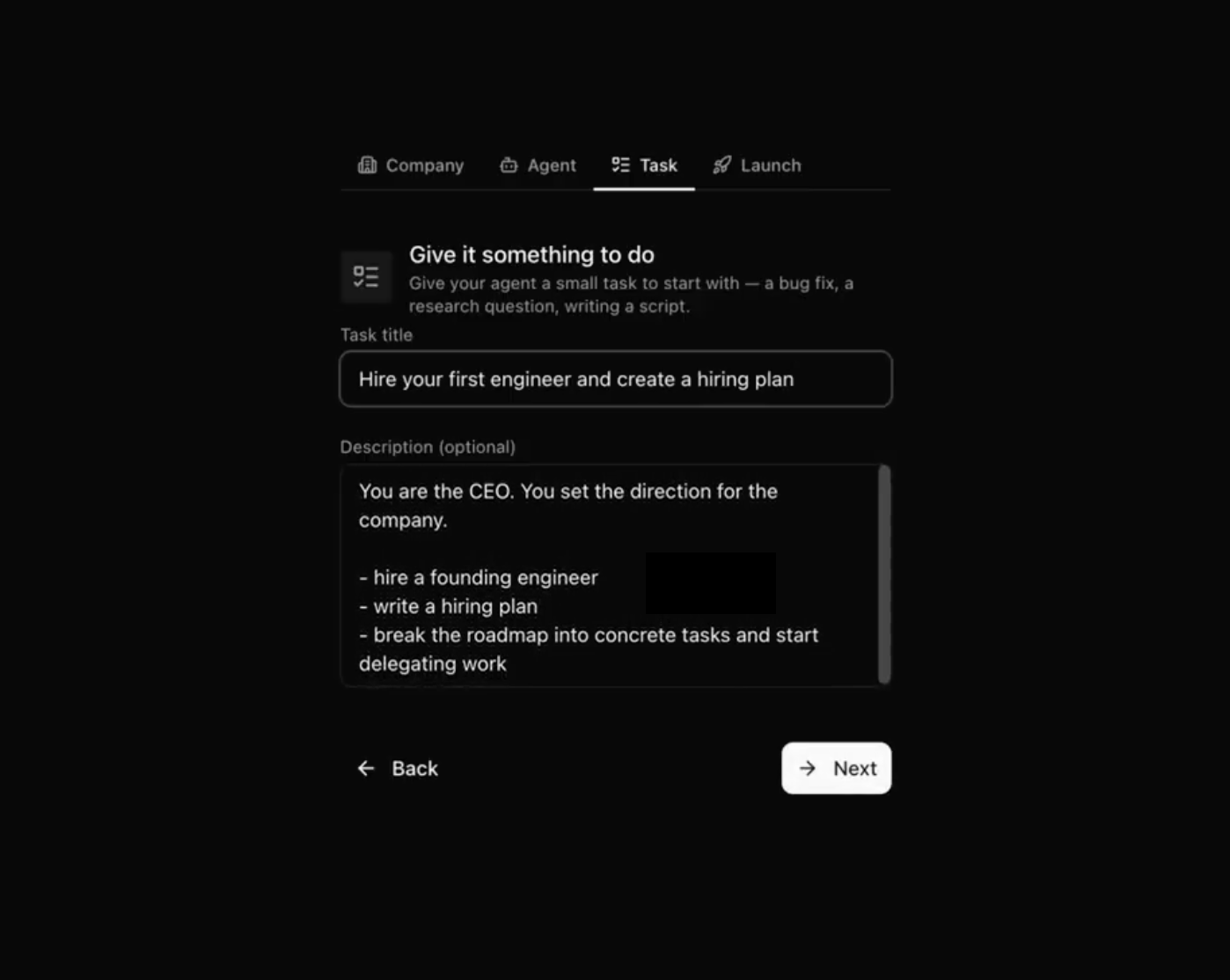 AI agent task-assigning step in Paperclip onboarding flow
