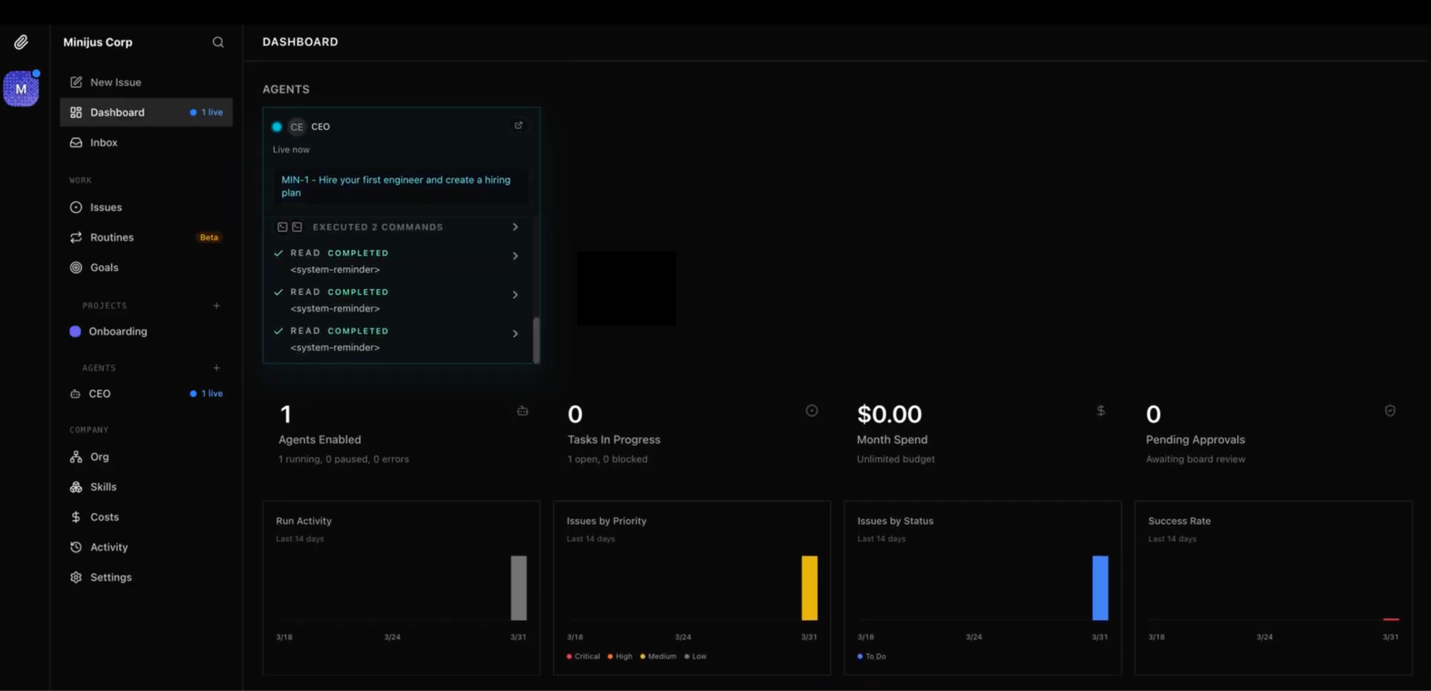 The initial dashboard after setting up Paperclip