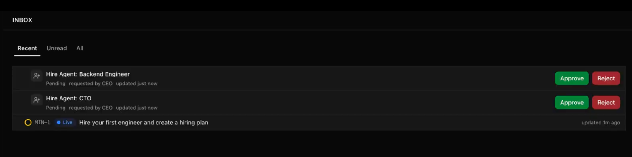Inbox menu in Paperclip showing hiring approval requests