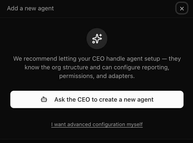 The Add a new agent pop-up box in Paperclip
