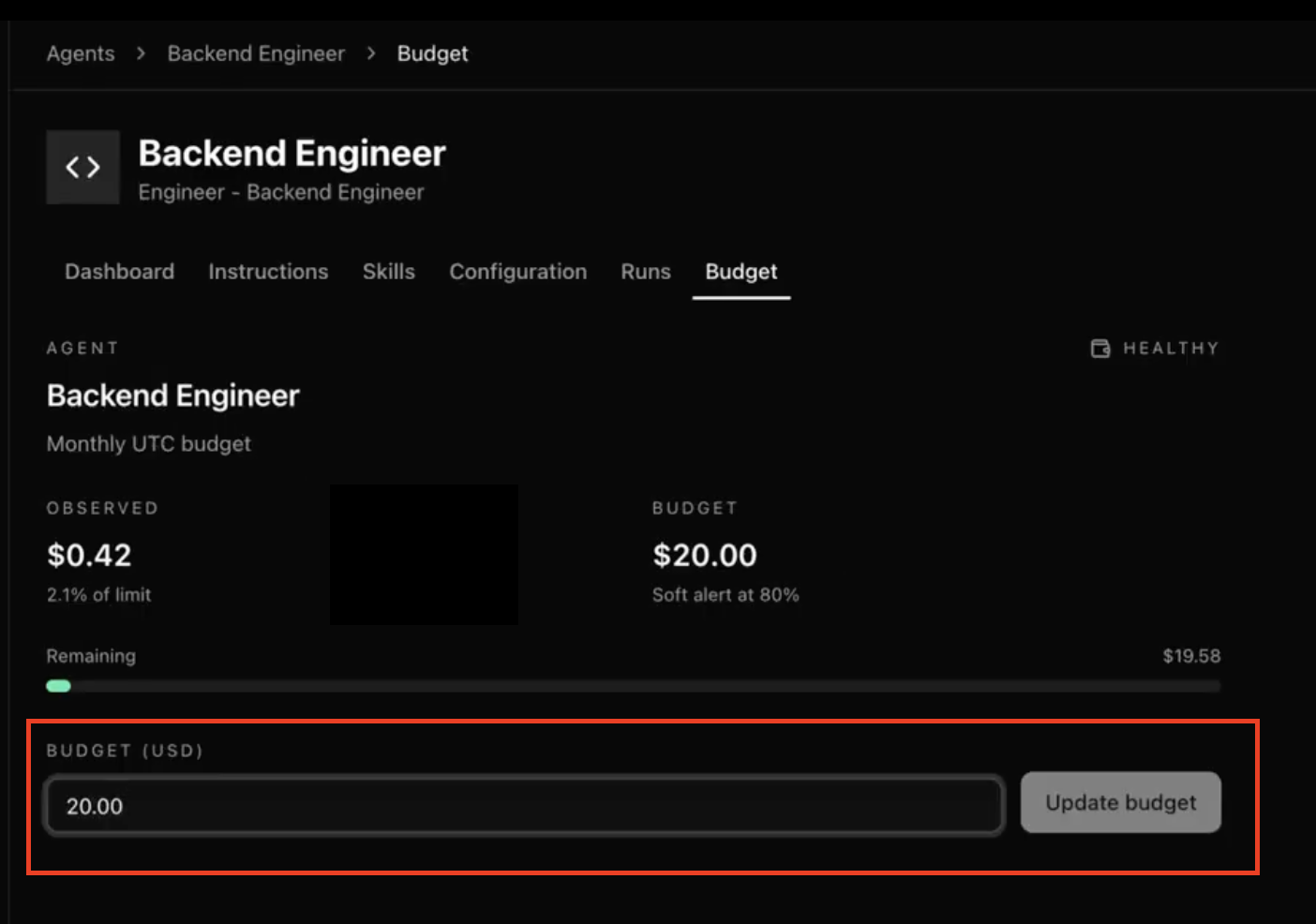 The Budget limit field of an AI agent in Paperclip