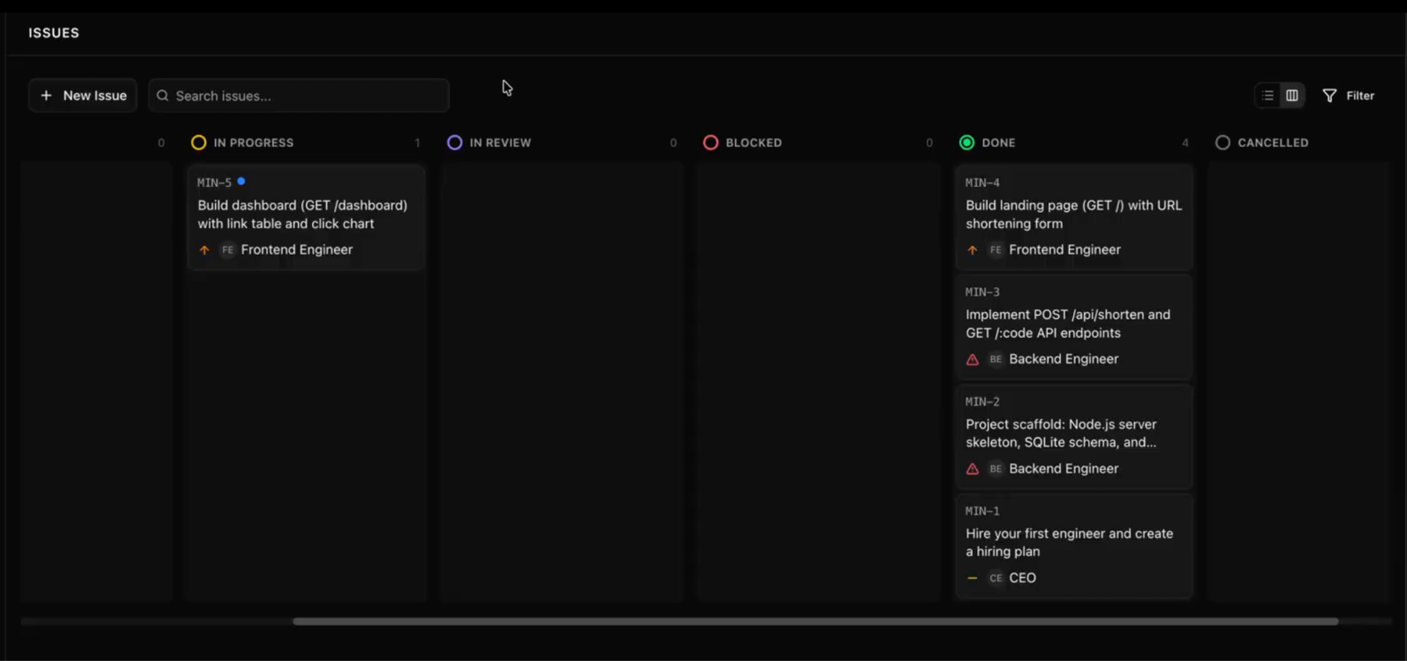 An Issues page in a Paperclip instance