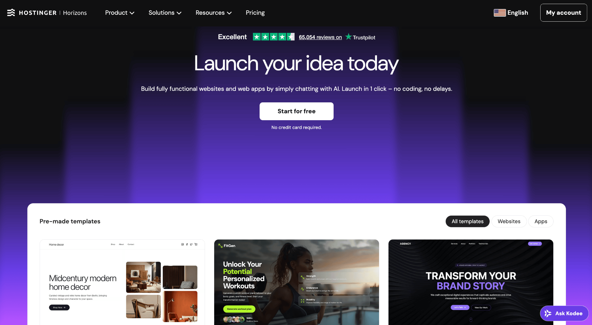 Landing page of Hostinger Horizons