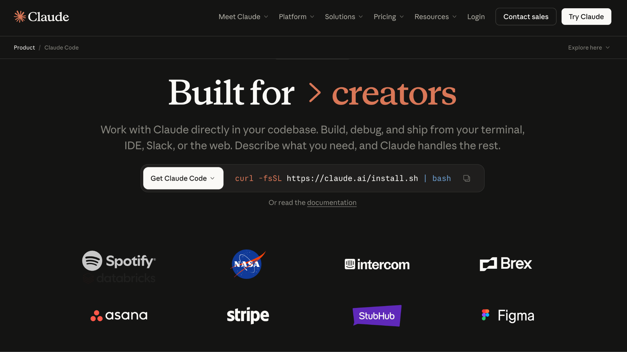 Landing page of Claude Code