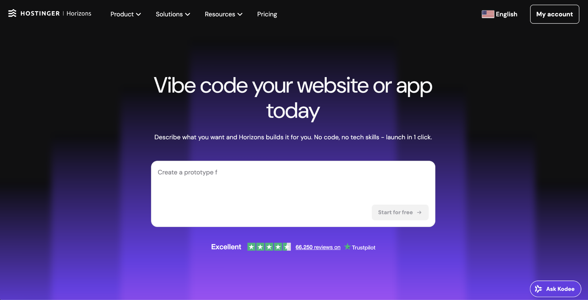 Hostinger Horizons landing page