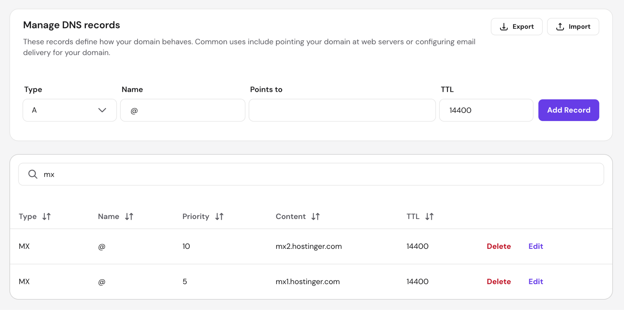 hPanel DNS zone editor showing two MX records for a domain, with mx1.hostinger.com at priority 5 and mx2.hostinger.com at priority 10