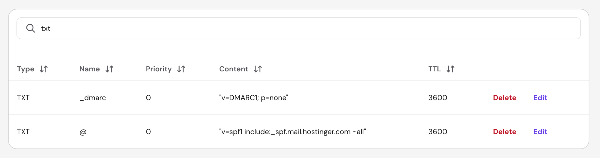 hPanel DNS zone editor filtered by TXT records, showing an SPF record with value v=spf1 include:_spf.mail.hostinger.com ~all and a DMARC record with policy p=none at the _dmarc subdomain