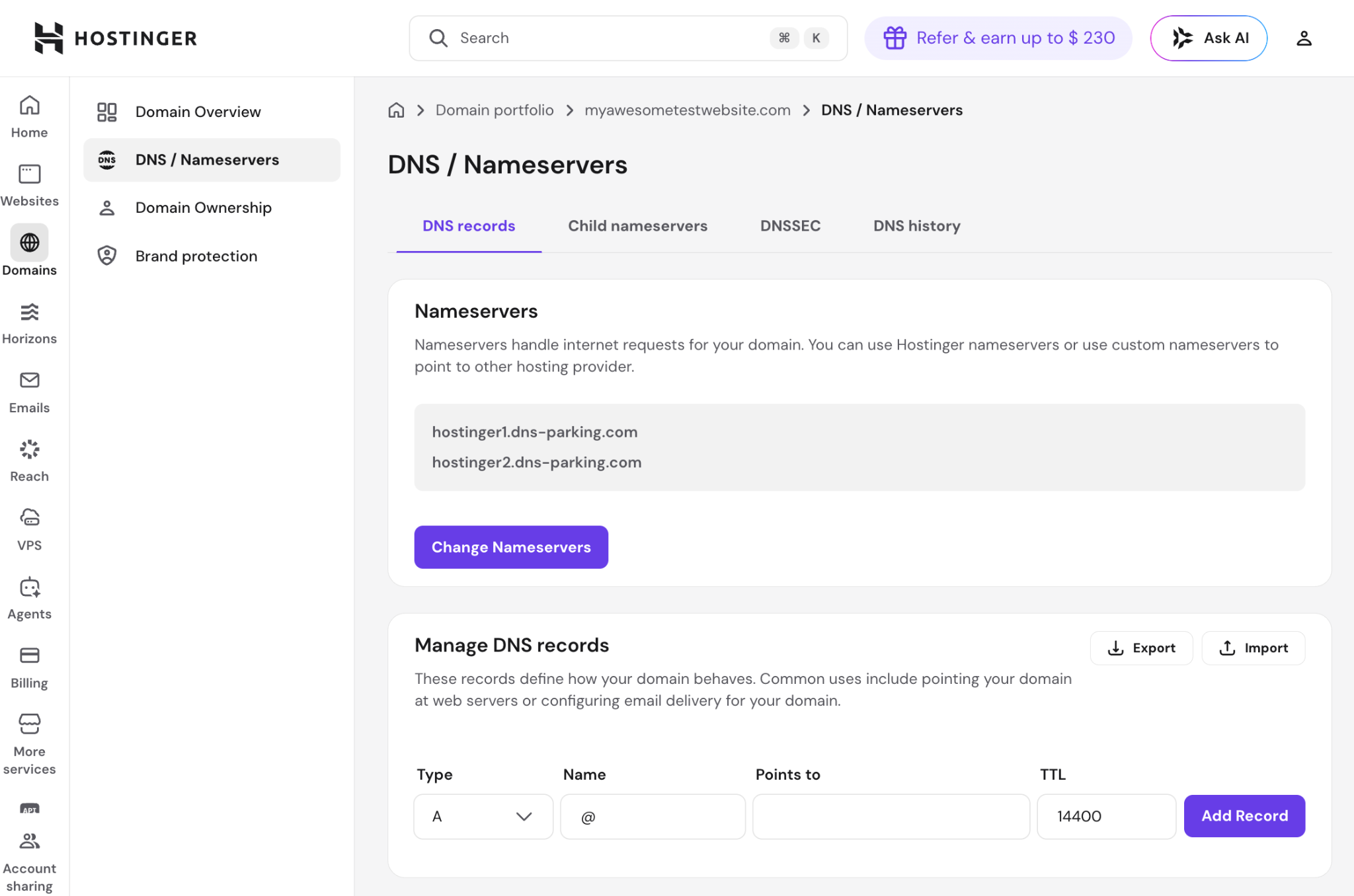 hPanel DNS / Nameservers page showing the Domains section in the left sidebar with DNS / Nameservers selected, and the Manage DNS records panel visible below the nameserver settings