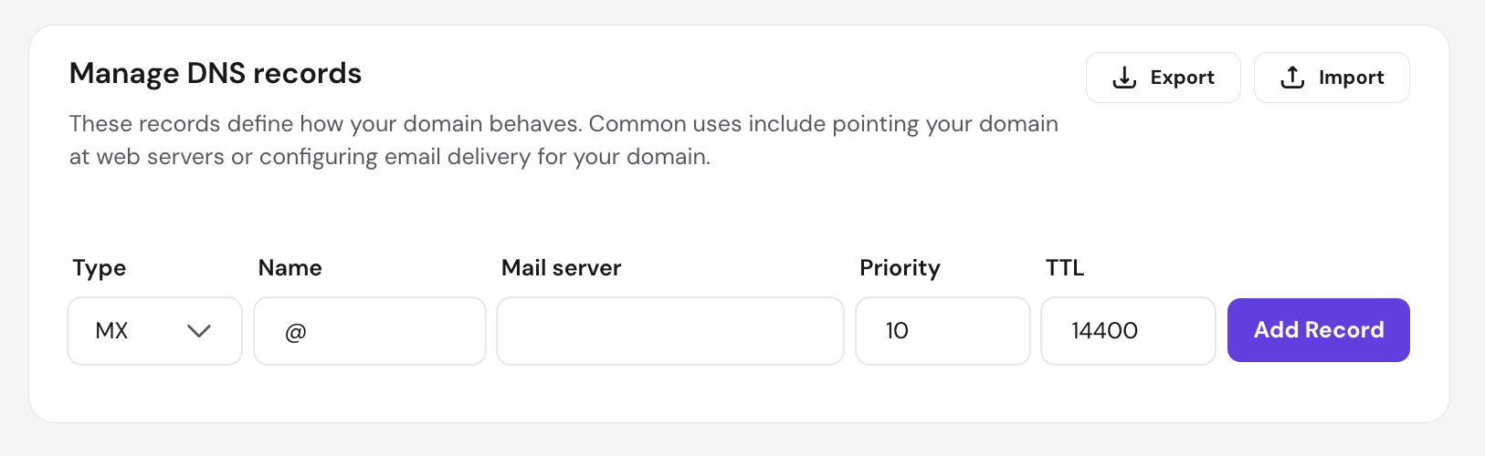 hPanel Manage DNS records panel with MX record type selected, showing empty fields for mail server hostname, priority, and TTL ready to be filled in