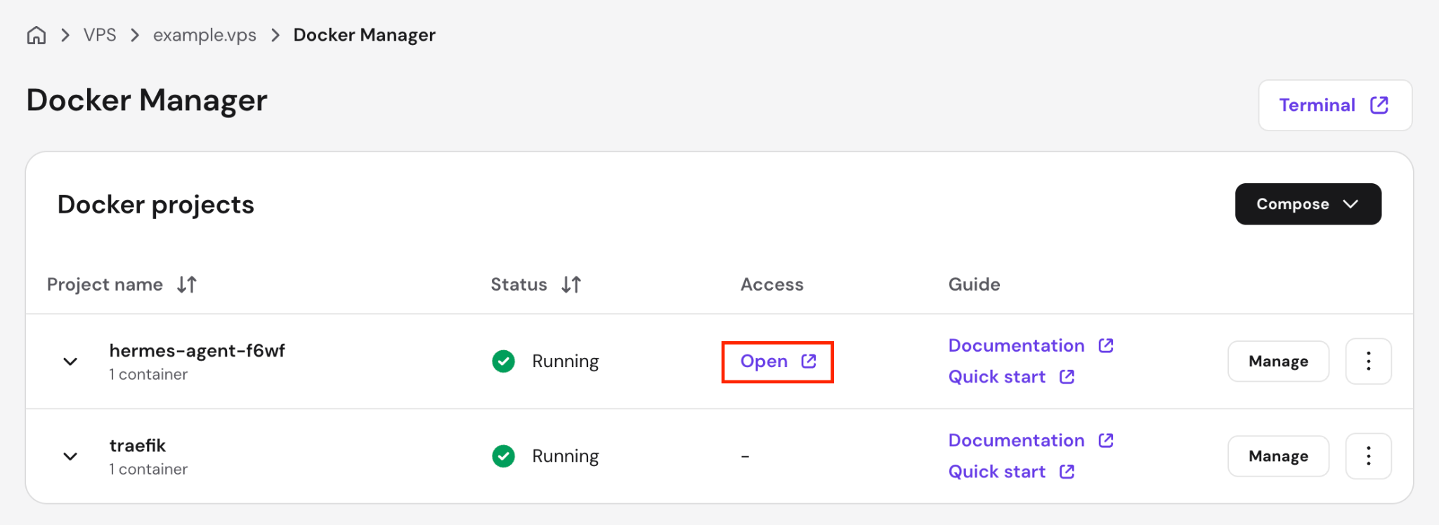 The Open button to access the Hermes Agent web terminal via hPanel