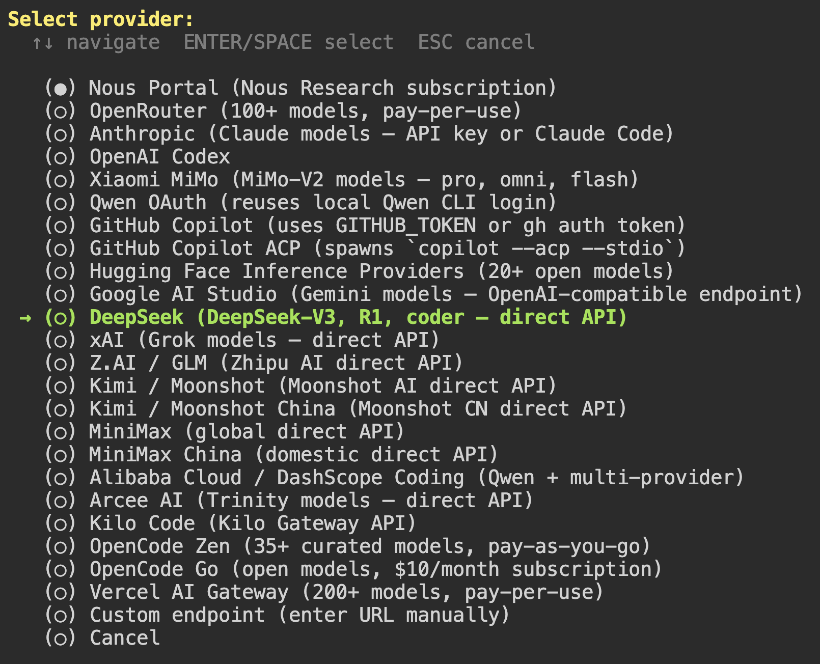 The Select provider step in the Hermes Agent setup wizard