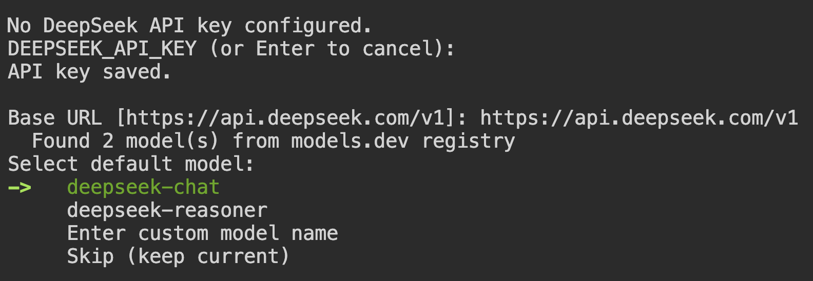 The available models from DeepSeek in the Hermes Agent setup wizard