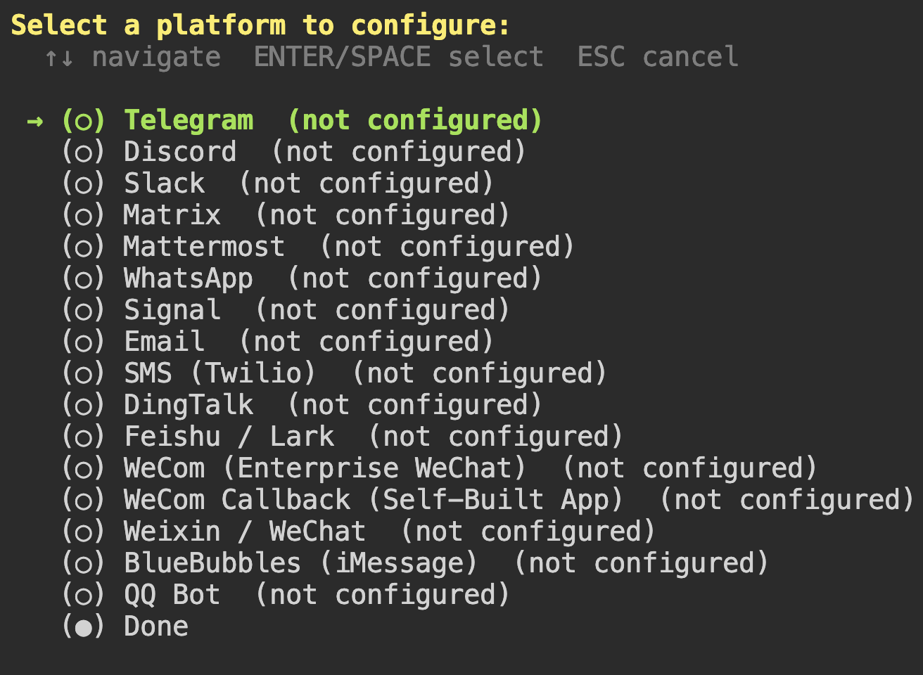 The Select a platform configuration menu for Hermes Agent