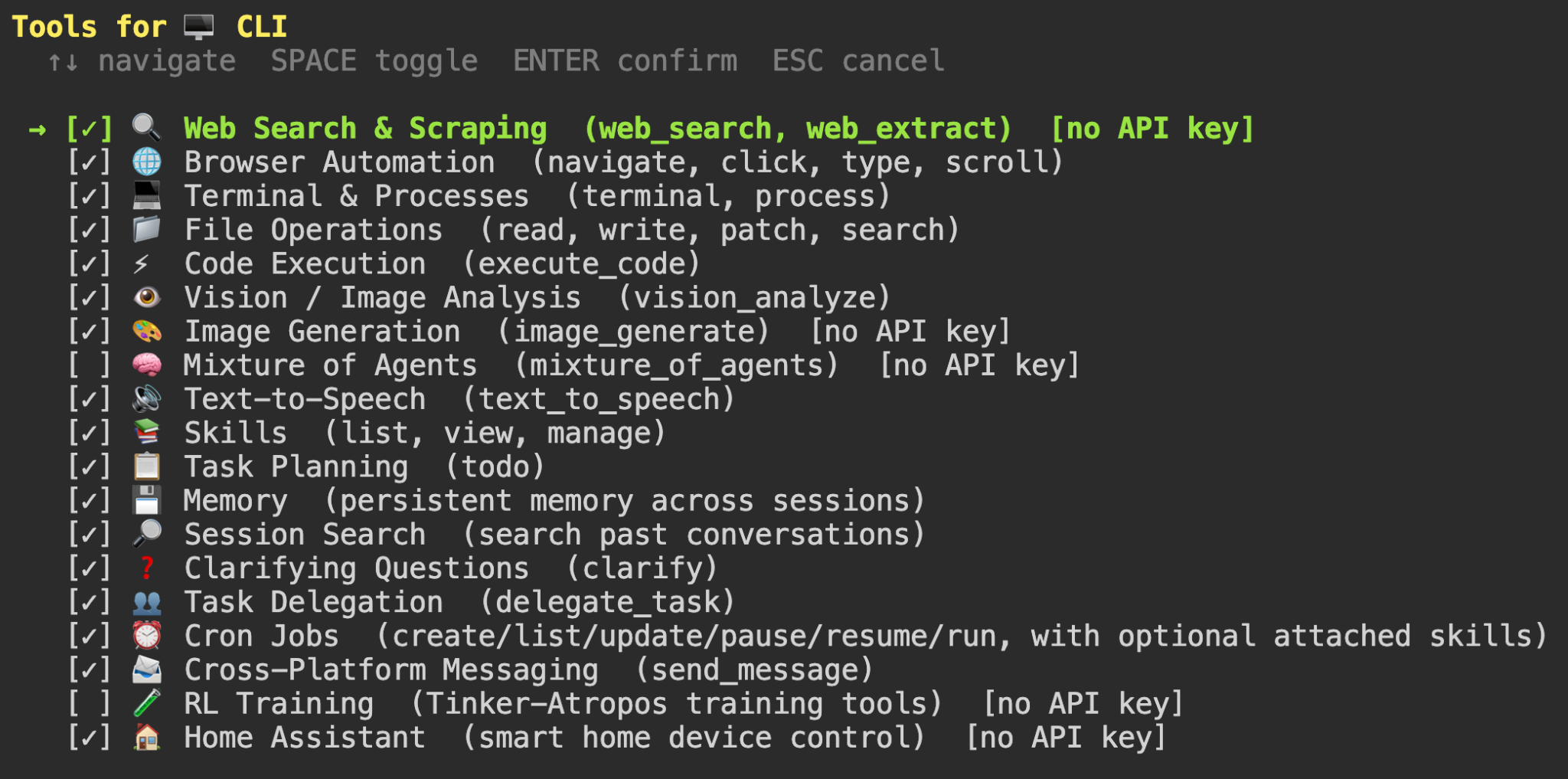 The tools for CLI menu for Hermes Agent