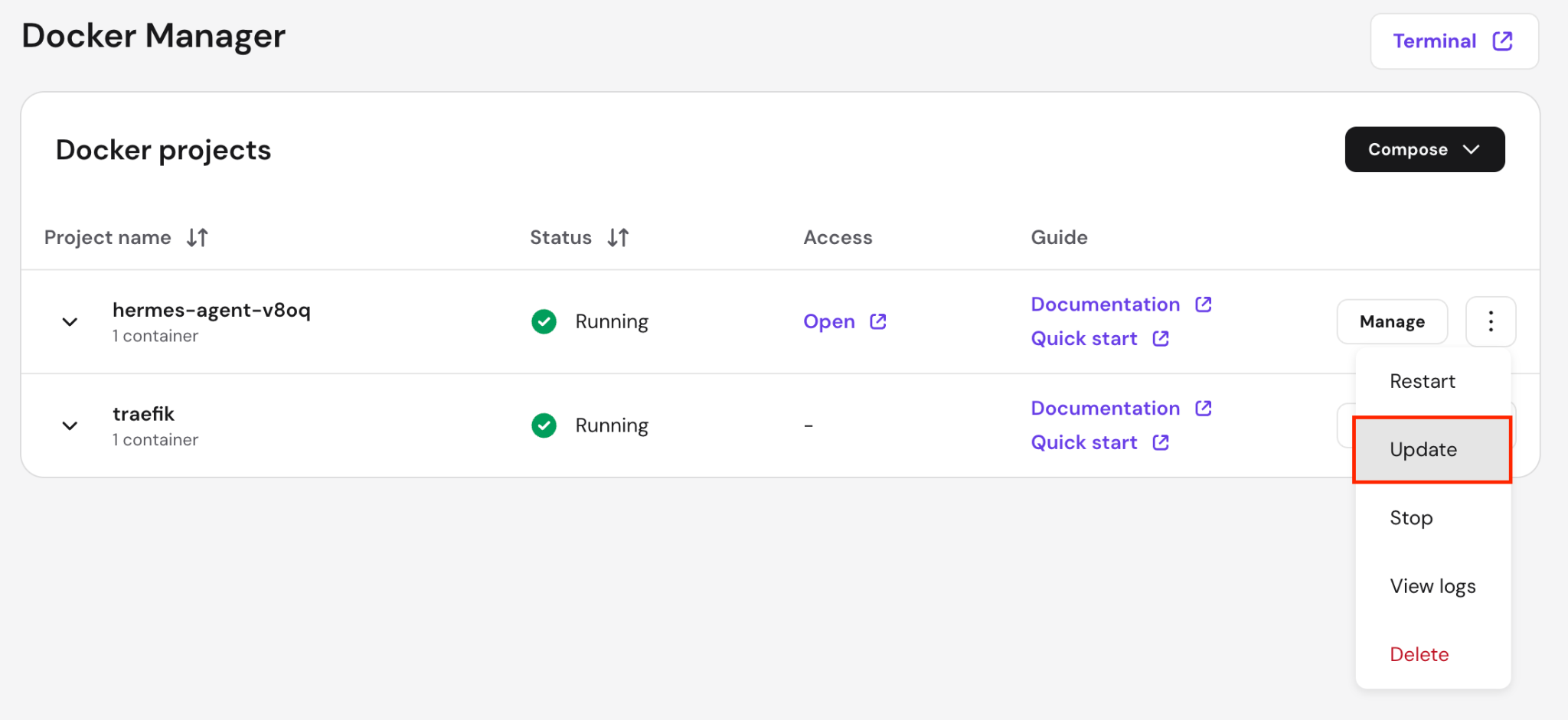 The Update menu for the Hermes Agent Docker container in hPanel