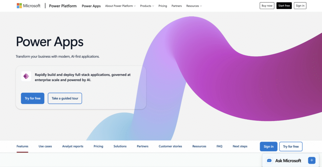 Microsoft Power Apps landing page