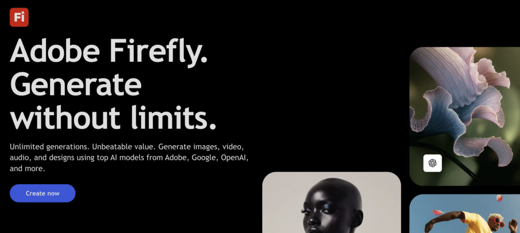 Adobe Firefly AI platform advertisement with a blue "Create now" button and images of a flower and a person with blurred face.