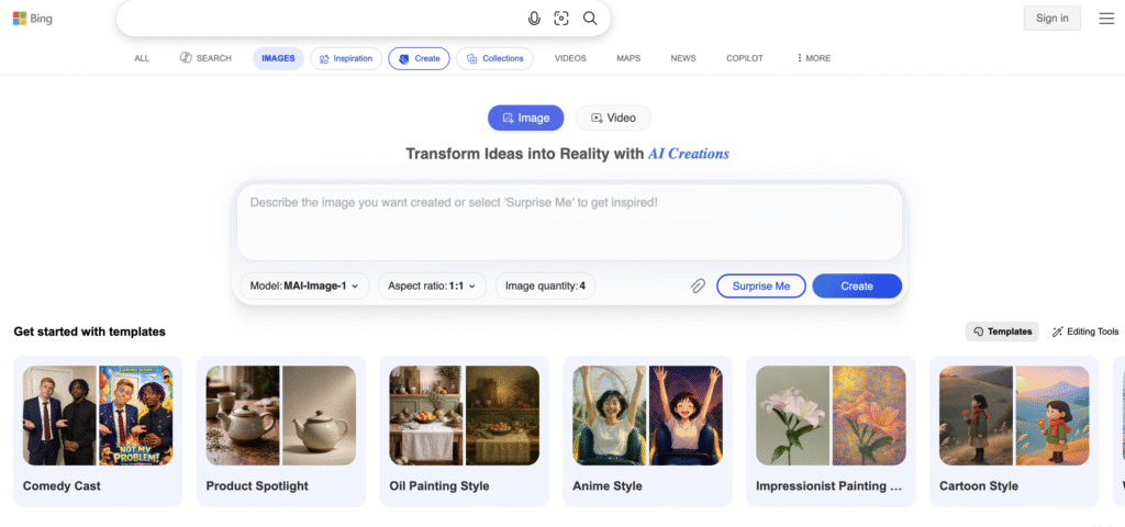 Bing AI image creation interface showing options to describe images, select model, aspect ratio, and quantity, with templates like Comedy Cast, Anime, and Cartoon styles.