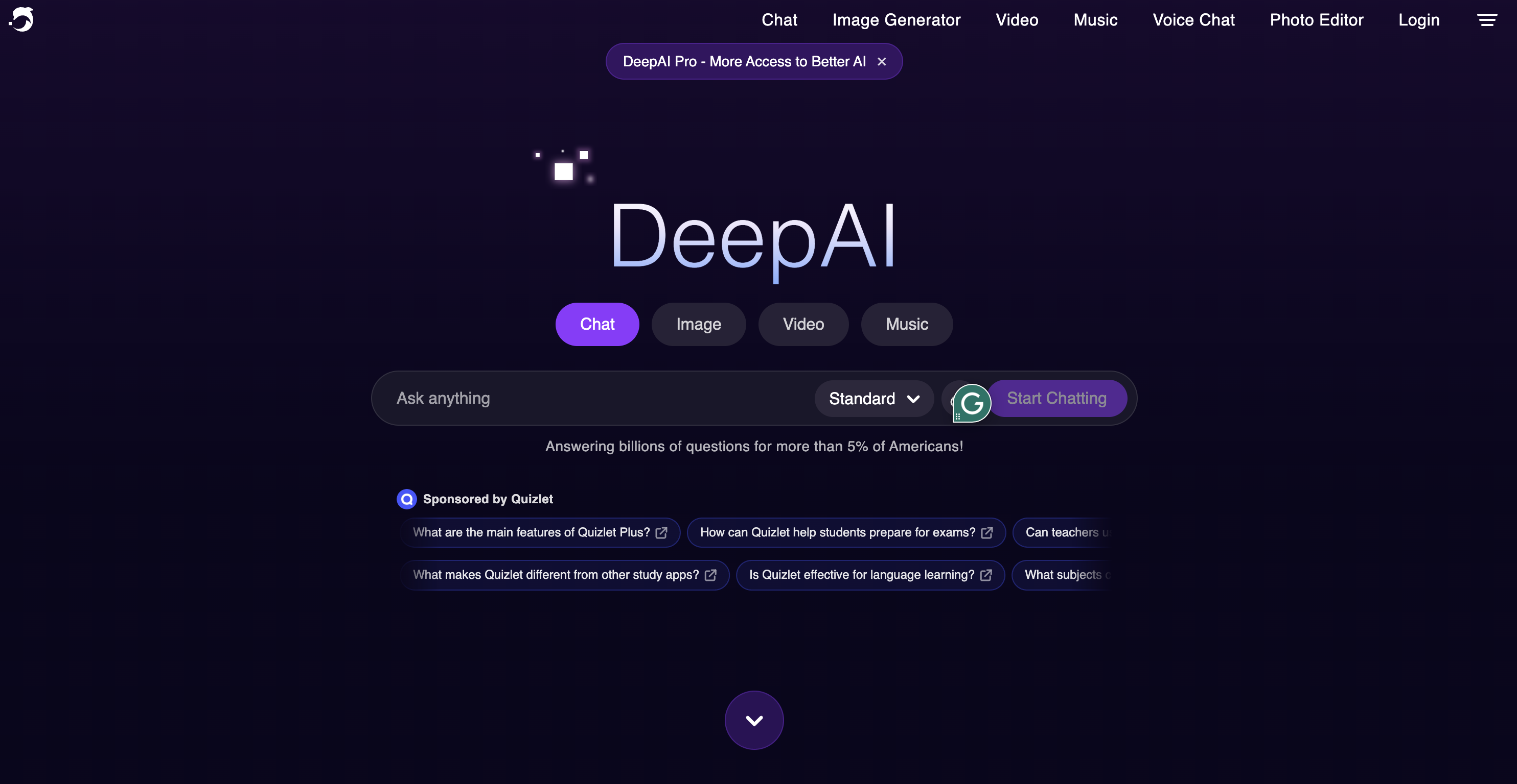 DeepAI homepage with options for chat, image, video, and music generation, and a prompt to ask questions.