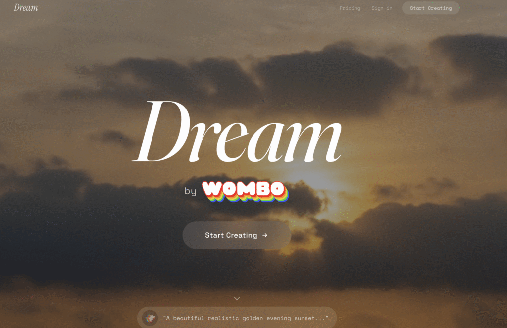 Website homepage for Dream by Wombo, featuring a golden sunset background and a "Start Creating" button.