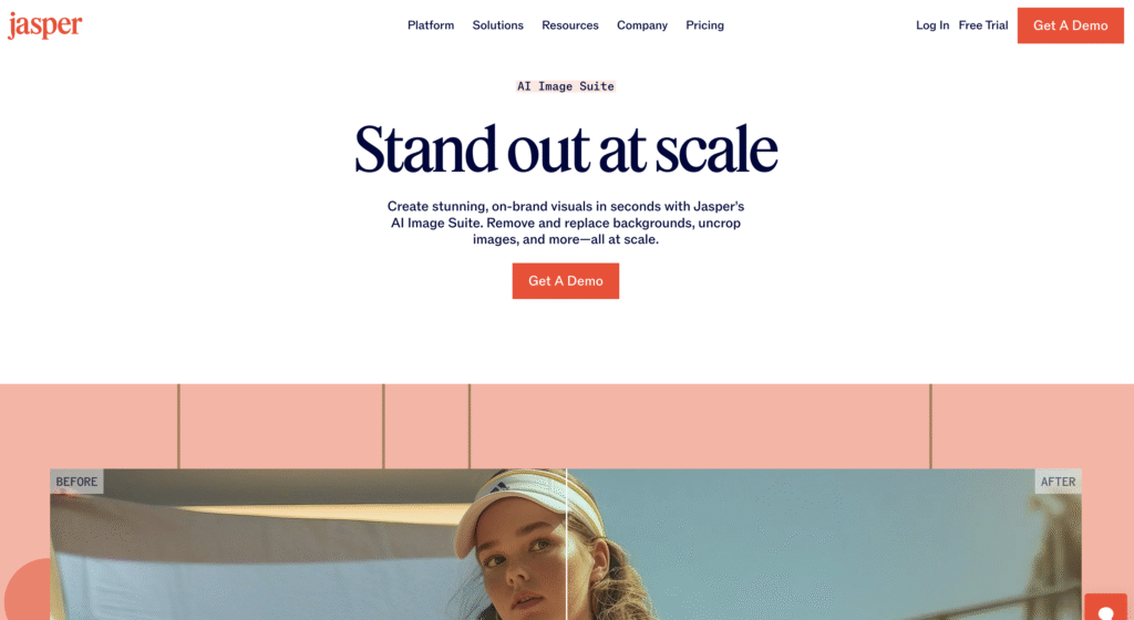 Website homepage for Jasper AI Image Suite promoting scalable, on-brand visual creation with background removal and image editing features.