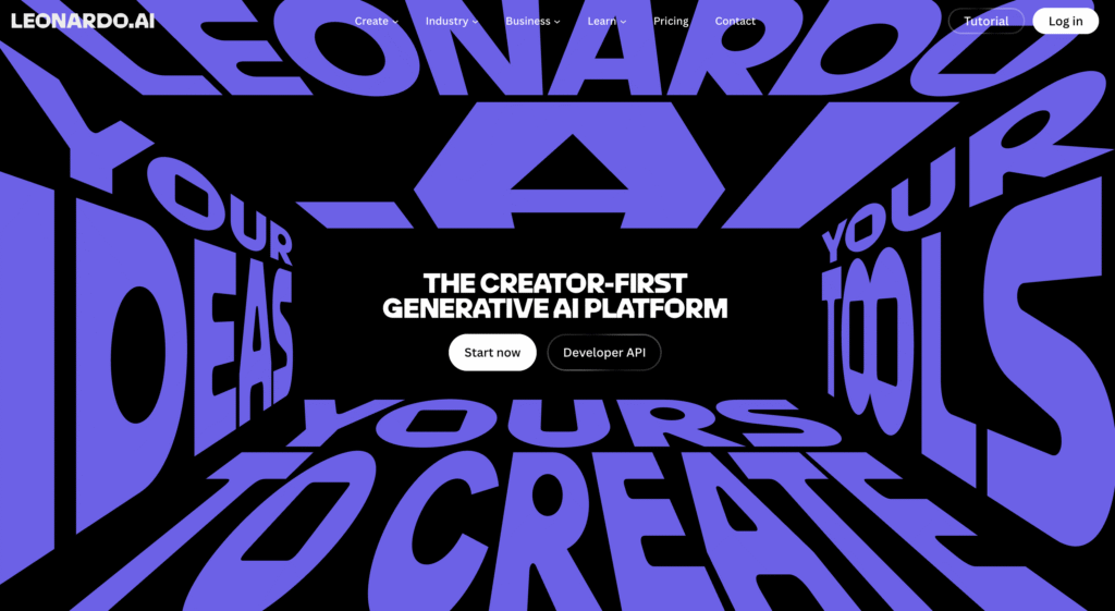 Homepage of Leonardo.AI featuring bold, distorted text promoting a creator-first generative AI platform with options to start or access Developer API.