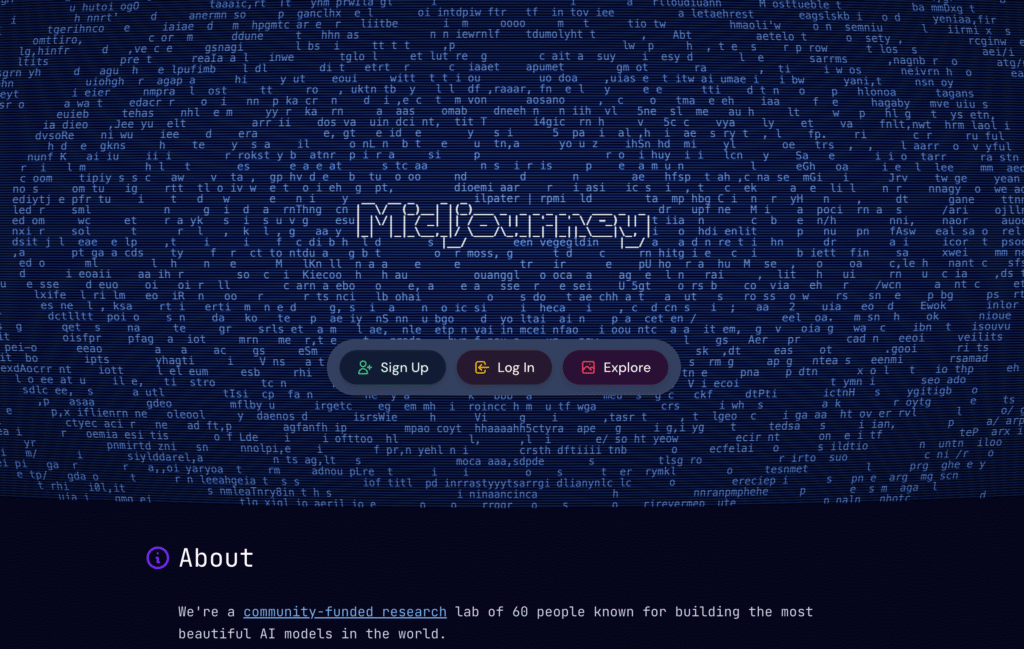 Website homepage of one of the best ai image generators with a dark blue code-style background, centered buttons for Sign Up, Log In, Explore, and an About section describing an AI research lab.