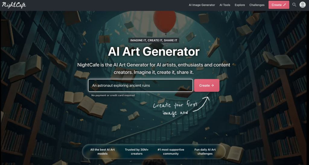 NightCafe AI Art Generator homepage featuring floating books in a circular library with a red balloon overhead.