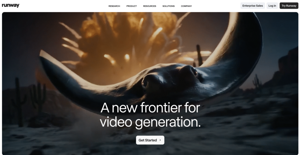 Close-up of a manta ray gliding over a desert landscape with an explosion in the background at dusk.