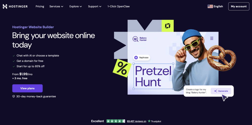 Hostinger's Website builder homepage featuring a pretzel and a prompt to create a logo for "Bakery Hunter." Offers AI tools and discounts.