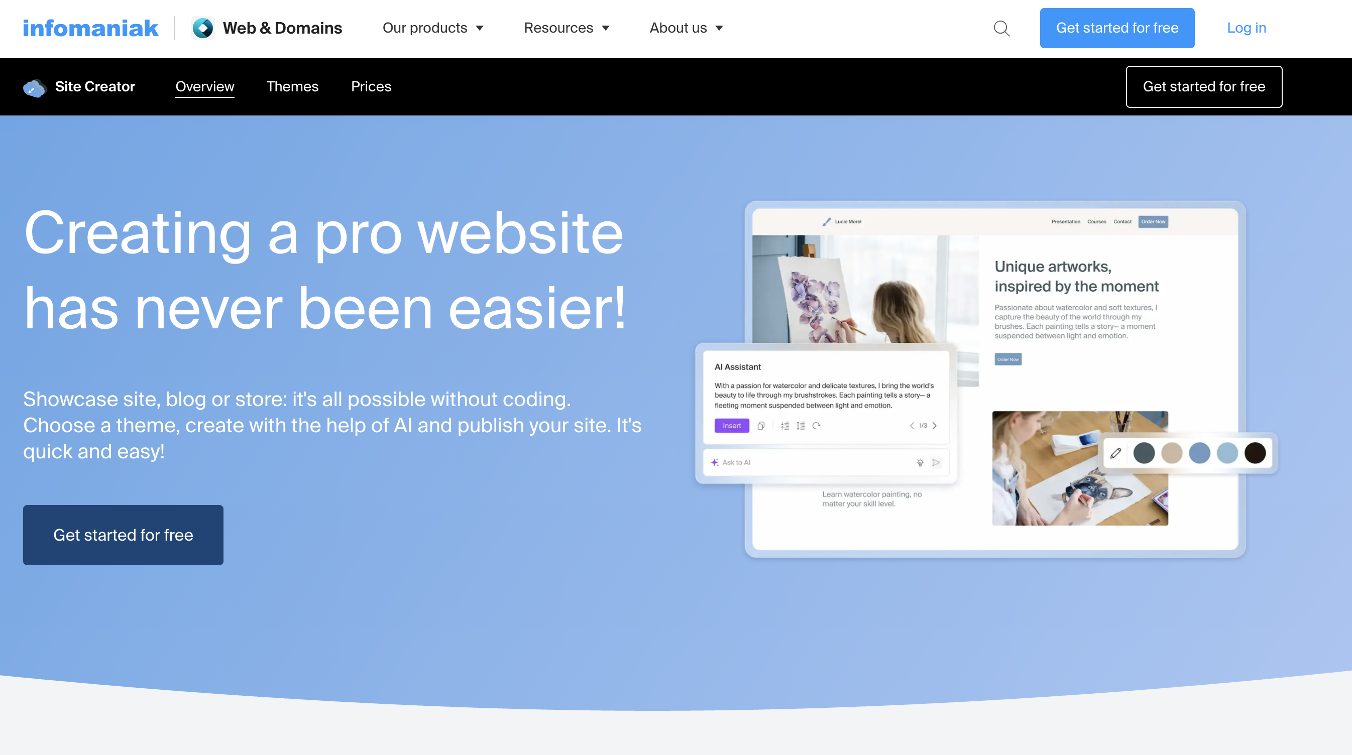 Website creation platform showcasing an AI assistant, emphasizing ease of use for building sites without coding.
