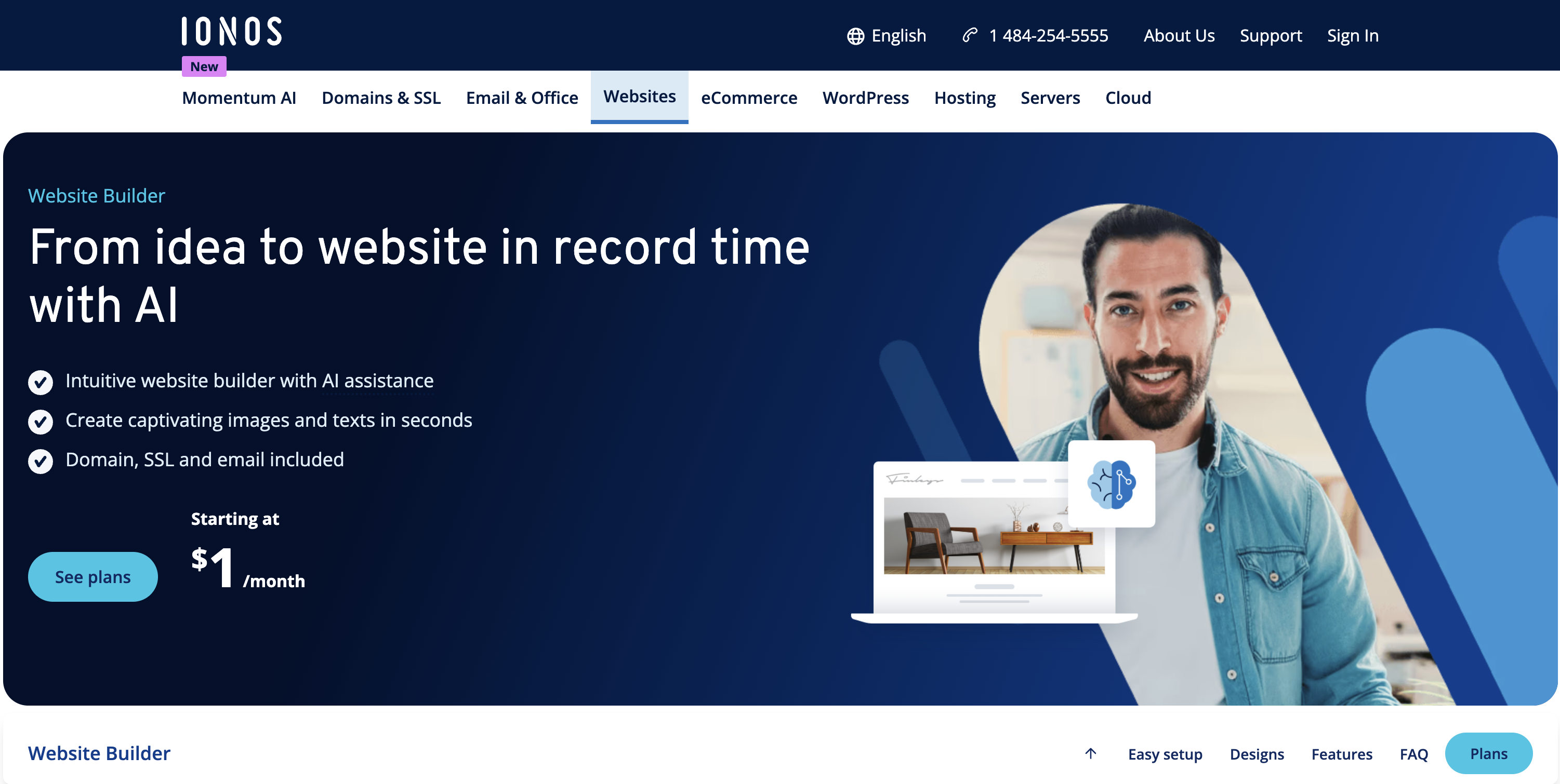IONOS Website builder homepage featuring AI assistance, showcasing features like quick setup, captivating design, and pricing at /month.