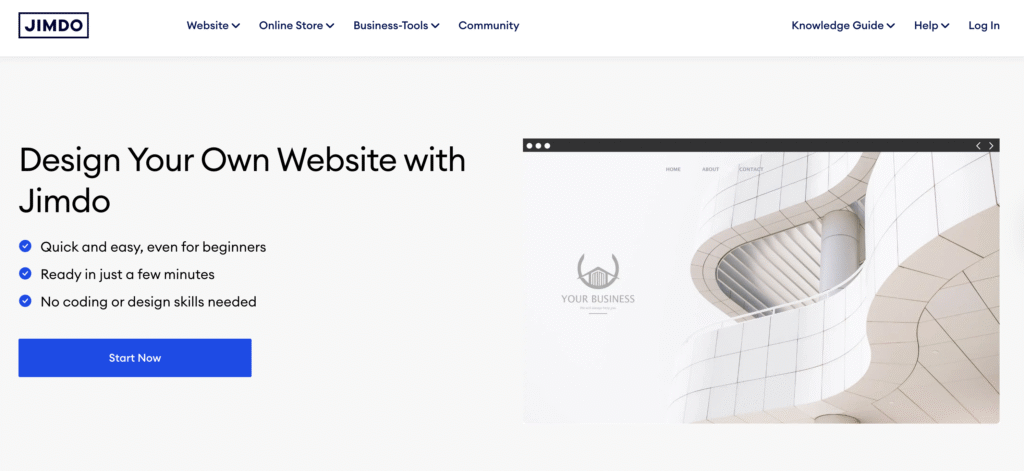Homepage for Jimdo, featuring easy website design options for beginners, highlighting quick setup, no coding required, and a "Start Now" button.
