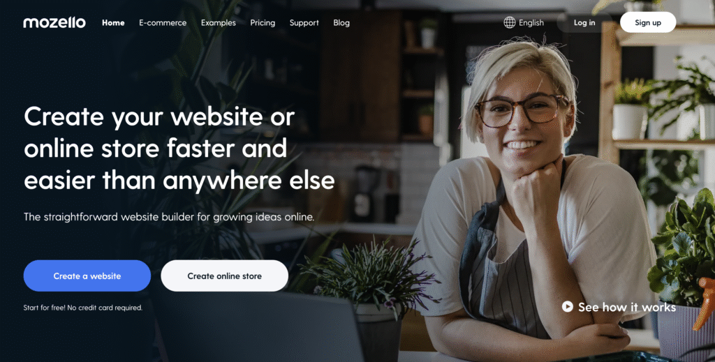 Mozzelo homepage featuring  person sitting thoughtfully at a desk, surrounded by plants and a laptop, with a website design promotion in the background.