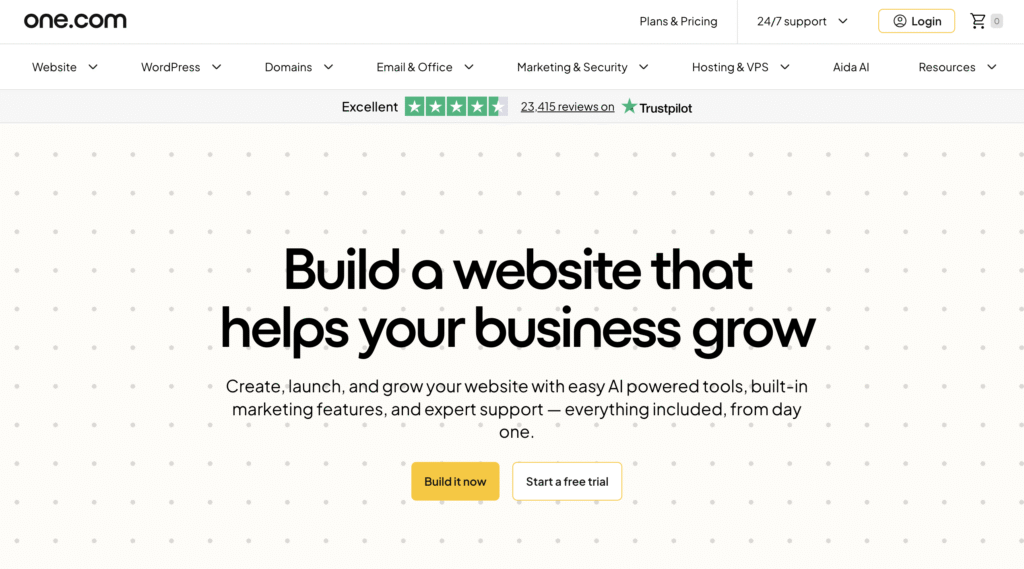One.com homepage says, " Build a website that helps your business grow. Create, launch, and grow your website with easy AI-powered tools, built-in marketing features, and expert support &mdash; everything included, from day one.