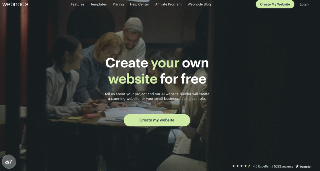 A group of people collaborates around a table, working on a project with various materials and a laptop. The background displays a website creation theme.