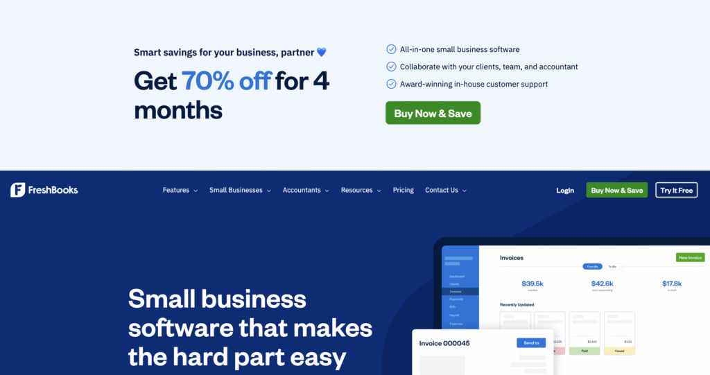 FreshBooks offers small business software with 70% off for 4 months, featuring invoicing, collaboration, and award-winning customer support.