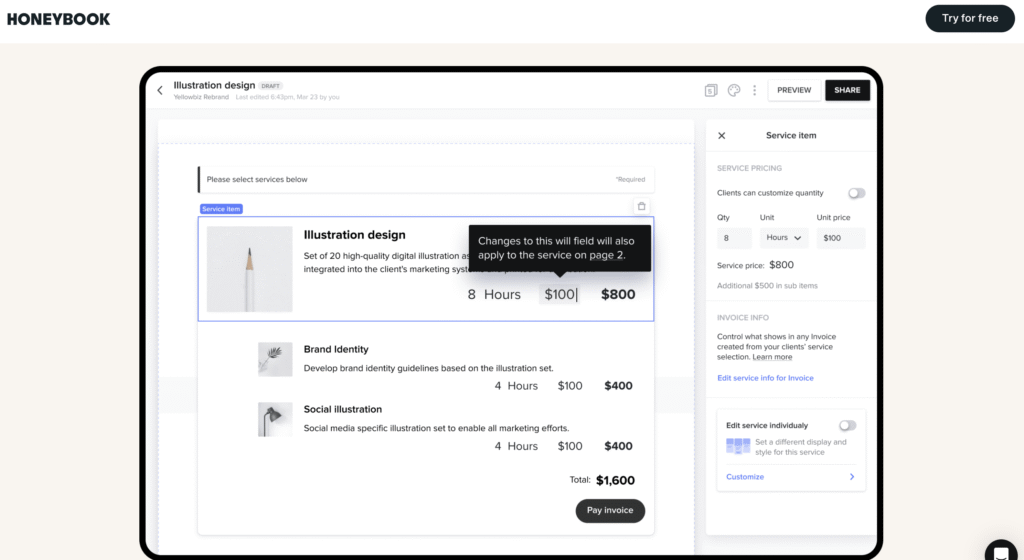 HoneyBook service selection interface showing illustration design services with hours, pricing, and invoice total of ,600.