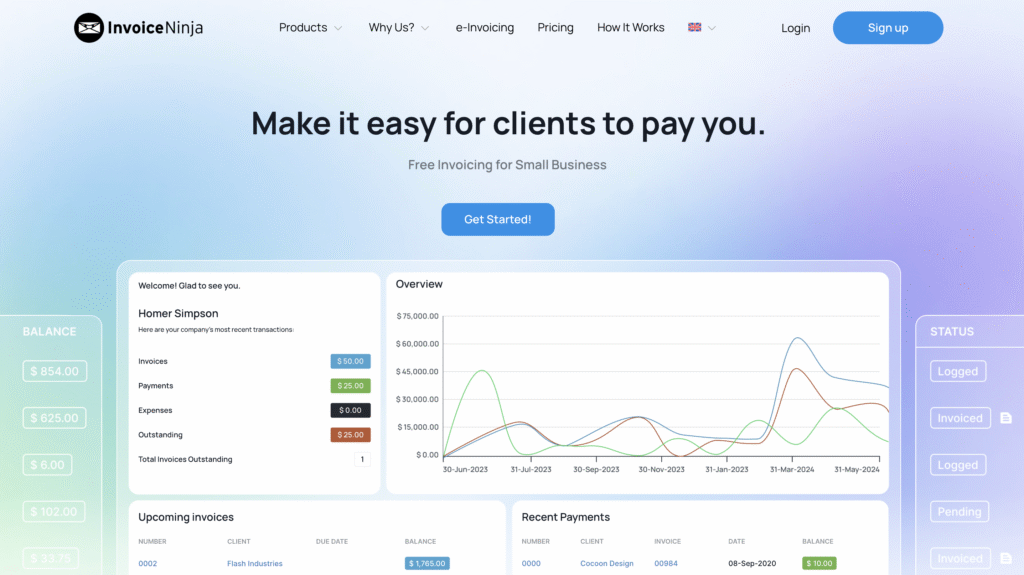 Invoice Ninja homepage showing client payment dashboard with balance, invoices, payments, and financial overview graph.
