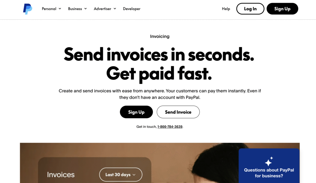 PayPal invoicing page offering quick invoice creation and payment, with sign-up and send invoice options.