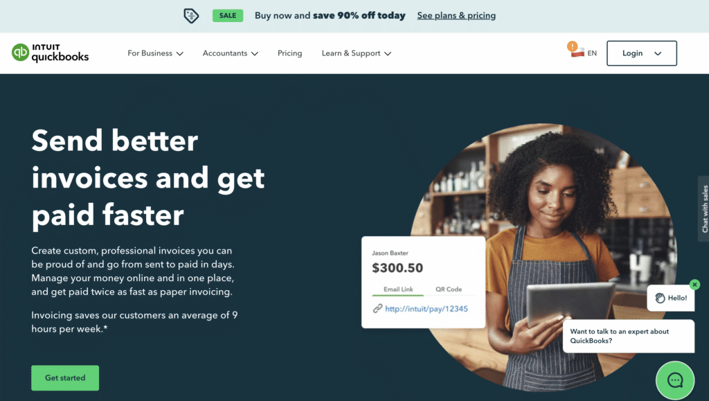 QuickBooks homepage promotes faster, professional invoicing with online payment, saving users time and offering expert support chat.