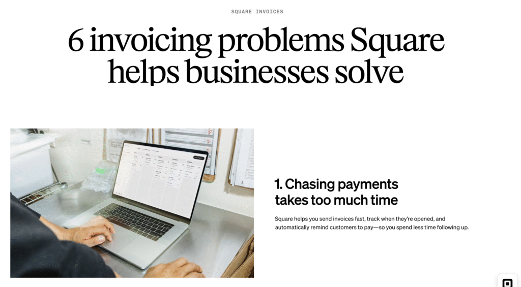 Person using a laptop with invoicing software, highlighting how Square helps businesses save time chasing payments with automated reminders.